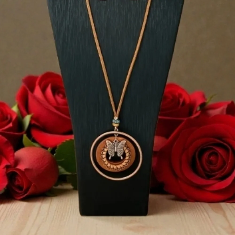 Boho Butterfly Pendant Long Necklace Copper Wood Medallion NWT Suede Jewelry